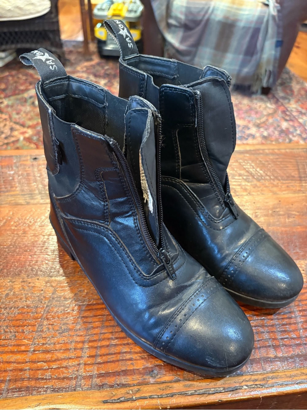 Black Leather Zip Front Ankle Booties - Classic Riding Style